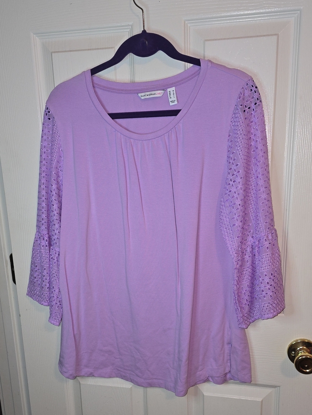 Isaac Mizrahi Lavender Eyelet Bell-Sleeve Long Sleeve Tee